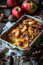 baked apple on a baking sheet. Selective focus.