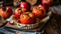 baked apple on a baking sheet. Selective focus.