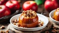 Baked apple with caramelized apples, nuts and honey on wooden background Generative AI