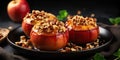 Baked apples with caramelized apples, nuts and honey on a black plate. Generative AI