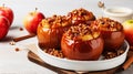 Baked apples with caramelized apples, nuts and honey on wooden background. Selective focus. Generative AI