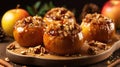 Baked apples with caramelized apples, walnuts and honey. Generative AI