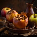 Baked apples with honey and cinnamon and nuts. Snack concept. Vegetarian Royalty Free Stock Photo
