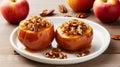 Baked apples with pecan nuts and caramel sauce on wooden background Generative AI