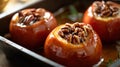 Baked apples with pecan topping and caramel drizzle in pan Royalty Free Stock Photo