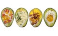 Baked avocado with eggs on white background