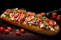 Baked Baguette. French bread pizza on a wooden cutting board Royalty Free Stock Photo