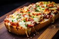 Baked Baguette. French bread pizza on a wooden cutting board Royalty Free Stock Photo