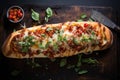 Baked Baguette. French bread pizza on a wooden cutting board Royalty Free Stock Photo