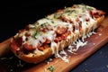 Baked Baguette. French bread pizza on a wooden cutting board Royalty Free Stock Photo