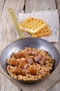 Baked beans with sausage and waffles Royalty Free Stock Photo