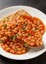 Baked beans on toast in tomato sauce on white plate Royalty Free Stock Photo
