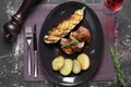 Beef with eggplant, potatoes and rosemary