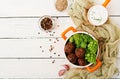 Baked beef meatballs and garnish from boiled cabbage romanesko Royalty Free Stock Photo