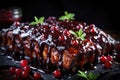 Baked beef rib with cranberry sauce and cranberries . A dish of grilled beef on a bone and vegetables on a plate.
