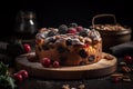 Baked berry cake with fresh blueberries, cranberries, and raspberries. Delicious and sweet dessert. No people.. Generative AI Royalty Free Stock Photo