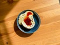 Baked Brie Cheese Dessert with Strawberry Jam. Marmalade Melted Camembert Royalty Free Stock Photo