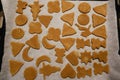 Baked brown gingerbread of different shapes on baking paper. the smell of cinnamon and ginger in the house, festive mood. homemade Royalty Free Stock Photo