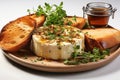 Baked Camembert cheese with spices, herbs, sauce and baguette