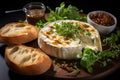 Baked Camembert cheese with spices, herbs, sauce and baguette