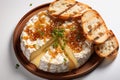 Baked Camembert cheese with spices, herbs, sauce and baguette