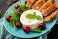 Baked Camembert cheese, toast and arugula salad Royalty Free Stock Photo