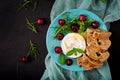 Baked Camembert cheese, toast and arugula salad with sweet cherries. Royalty Free Stock Photo