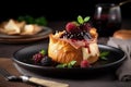 Baked camembert in parma ham brioche with berry. Generate Ai