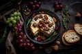 Baked camembert with roasted grapes, walnuts, rosemary and pink peppercorn crackers. Generative AI