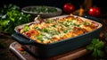 Baked cannelloni with cheese sauce and herbs in baking dish. AI Generative