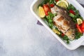 Baked carp fish with vegetables and spices in a baking tray with copy space Royalty Free Stock Photo