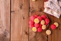 Baked castagnole. Traditional sweet pastries during the carnival period in italy. Street food, round biscuits with sugar