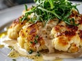 Baked Cauliflower, Roasted Cabbage Dish, Fried Cauliflower with Cream Sauce and Fresh Greens