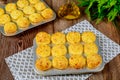 Baked cheese bread called chipa in baking tray