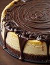 Baked cheese cake with chocolate ganache topping isolated close up