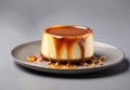 Baked cheese cake with toffee caramel sauce drizzled over isolated on grey background