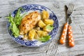 Baked chicken breast with potatoes and onions on a vintage plate Royalty Free Stock Photo