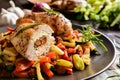 Baked chicken breast stuffed with cheese, tomato and basil with rice and steamed vegetable salad Royalty Free Stock Photo