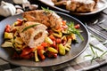Baked chicken breast stuffed with cheese, tomato and basil with rice and steamed vegetable salad Royalty Free Stock Photo