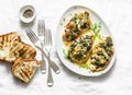 Baked chicken breast with tomatoes, spinach and mozzarella - delicious diet lunch in mediterranean style on a light background