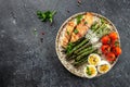 Baked chicken breast wrapped in bacon with asparagus, eggs and cherry tomato, Healthy fats, clean eating for weight loss. Keto Royalty Free Stock Photo