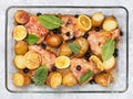Baked chicken leg quarter with potatoes and lemon