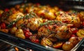 Baked chicken legs and tomatoes in the oven Royalty Free Stock Photo