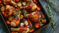 Baked chicken legs with vegetables. Horizontal view from above Royalty Free Stock Photo