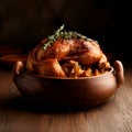 Baked chicken with potatoes and rosemary in a wooden bowl, rustic traditional chicken dish, generative ai