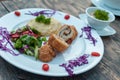 Baked chicken rolls with vegetable salad and mashed potato Royalty Free Stock Photo