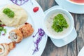 Baked chicken rolls with vegetable salad and mashed potato Royalty Free Stock Photo