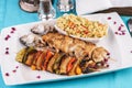 Baked chicken skewers with lemon, vegetables, pepper, zucchini, eggplants and grilled tomatoes with spices, and steamed rice Royalty Free Stock Photo