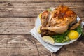 Baked chicken with stuffing for dinner on the holiday table. copy space Royalty Free Stock Photo