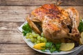 Baked chicken with stuffing for dinner on the holiday table. copy space Royalty Free Stock Photo